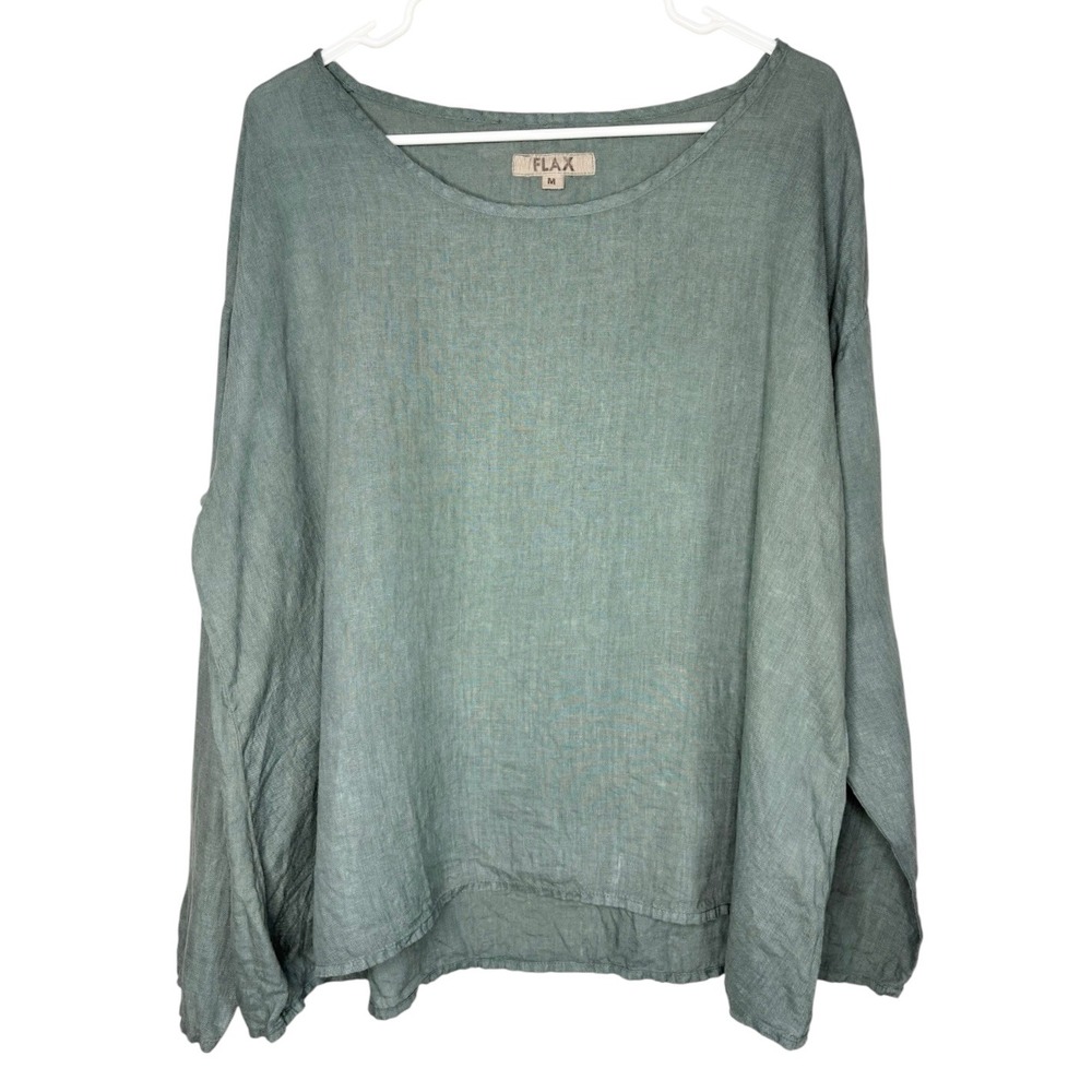 FLAX Womens Tunic Top Size Medium Sage Green 100% Linen Oversized Long Sleeve